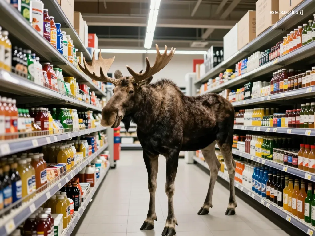 En älg står i en mataffärs gång mellan hyllor med varor.