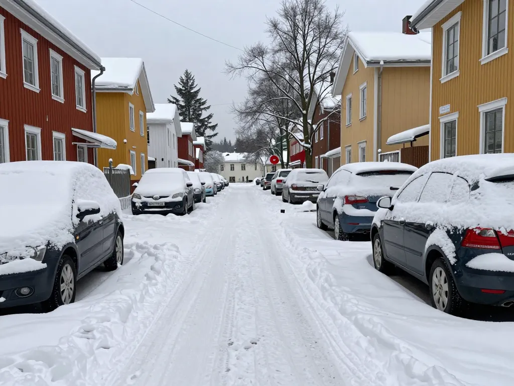 En gata med röda och gula trähus, snötäckta bilar och snö på vägen.