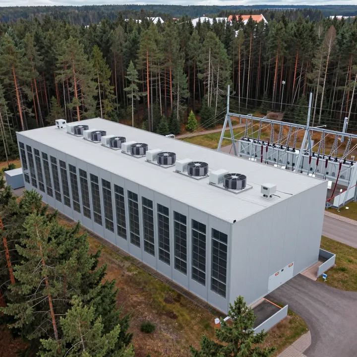 En datacenterbyggnad med fläktar på taket.